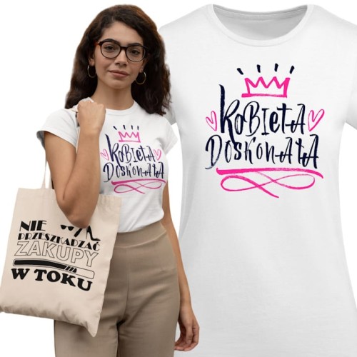 KOSZULKA DAMSKA PREZENT NA DZIEŃ KOBIET KOBIETA DOSKONAŁA TORBA GRATIS 1