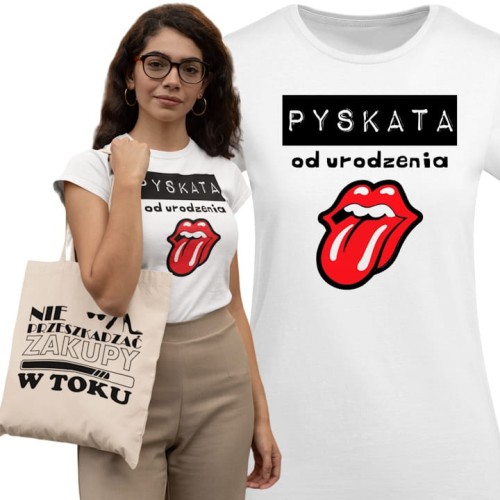 KOSZULKA DAMSKA PREZENT NA DZIEŃ KOBIET PYSKATA OD URODZENIA TORBA GRATIS 1