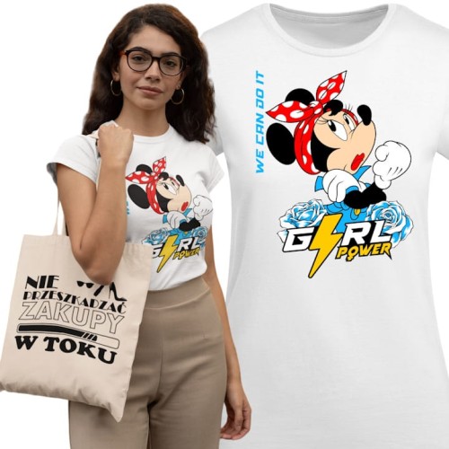 KOSZULKA DAMSKA PREZENT NA DZIEŃ KOBIET GIRL POWER MYSZKA MINNIE DISNEY TORBA GRATIS 1