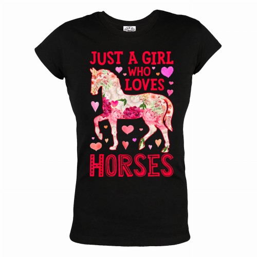KOSZULKA DAMSKA DLA MIŁOŚNICZKI KONI JUST A GIRL WHO LOVES HORSES KWIATY 1