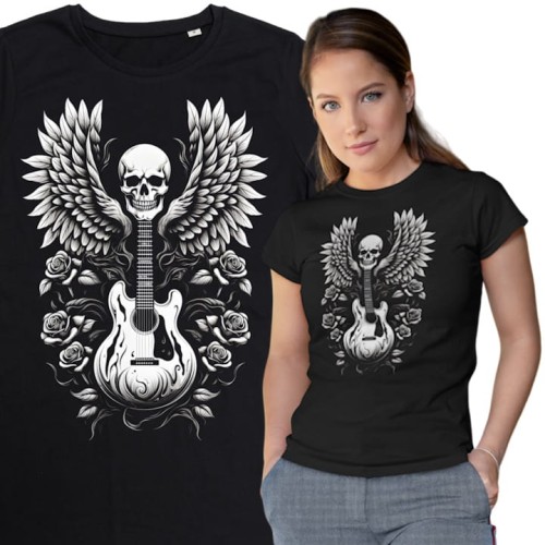 KOSZULKA DAMSKA MUZYCZNA ROCKOWA Z CZACHĄ GITARĄ I RÓŻAMI ROCK'N'ROLL 1