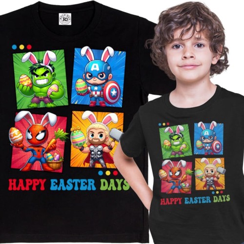 DZIECIĘCA KOSZULKA ŚWIĄTECZNA WIELKANOC HAPPY EASTER DAYS BOHATEROWIE MARVELA 1