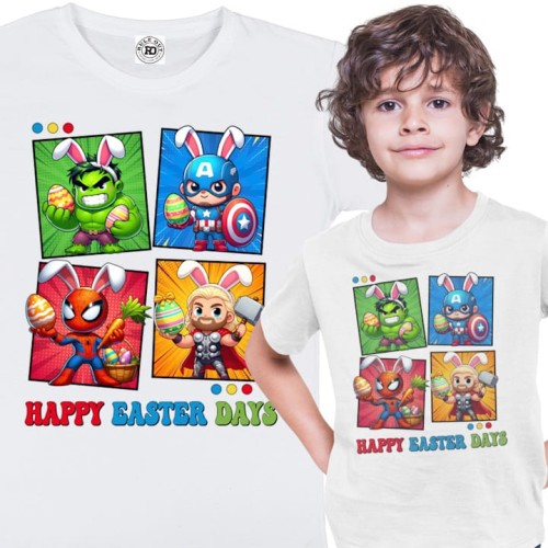 DZIECIĘCA KOSZULKA ŚWIĄTECZNA WIELKANOC HAPPY EASTER DAYS BOHATEROWIE MARVELA 1