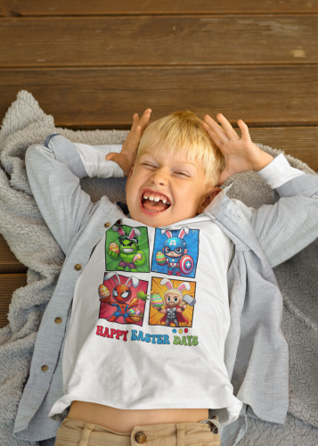 DZIECIĘCA KOSZULKA ŚWIĄTECZNA WIELKANOC HAPPY EASTER DAYS BOHATEROWIE MARVELA 9