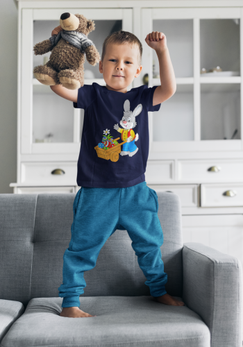 DZIECIĘCA KOSZULKA ŚWIĄTECZNA WIELKANOC ZAJĄCZEK Z TACZKĄ Z PISANKAMI 10