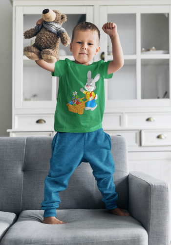 DZIECIĘCA KOSZULKA ŚWIĄTECZNA WIELKANOC EASTER ZAJĄCZEK Z TACZKĄ Z PISANKAMI 10