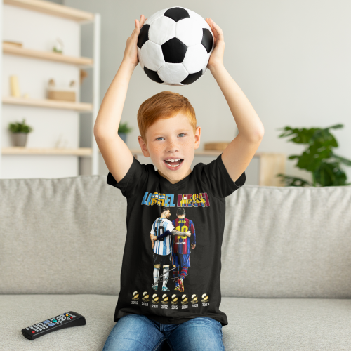 DZIECIĘCA BAWEŁNIANA KOSZULKA NA PREZENT PIŁKA NOŻNA LIONEL MESSI ZŁOTA PIŁKA 10