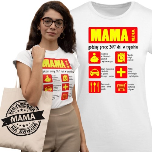 KOSZULKA DAMSKA PREZENT NA DZIEŃ MAMY FIRMA MAMA 24/7 TORBA GRATIS