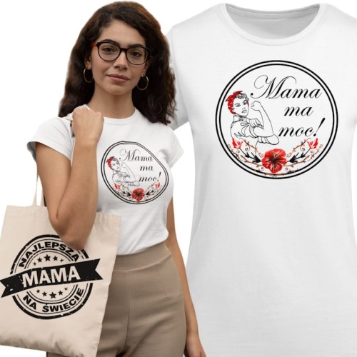 KOSZULKA DAMSKA PREZENT NA DZIEŃ MAMY MAMA MA MOC TORBA GRATIS