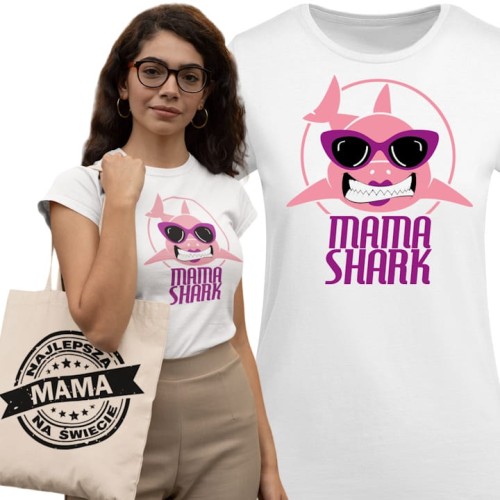KOSZULKA DAMSKA PREZENT NA DZIEŃ MAMY MAMA SHARK TORBA GRATIS 1