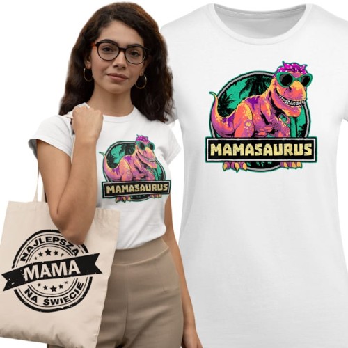 KOSZULKA DAMSKA PREZENT NA DZIEŃ MAMY MAMASAURUS TORBA GRATIS