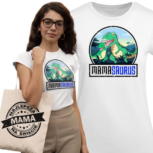 KOSZULKA DAMSKA PREZENT NA DZIEŃ MAMY MAMASAURUS TORBA GRATIS