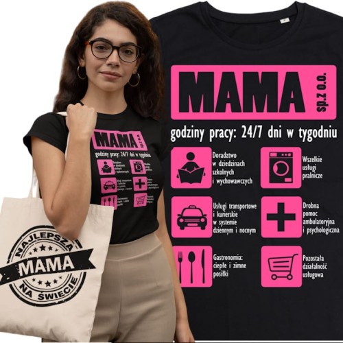 KOSZULKA DAMSKA PREZENT NA DZIEŃ MAMY FIRMA MAMA 24/7 TORBA GRATIS