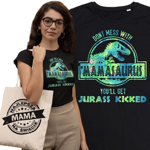 KOSZULKA DAMSKA PREZENT NA DZIEŃ MAMY DON'T MESS WITH MAMASAURUS TORBA GRATIS 1