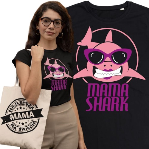 KOSZULKA DAMSKA PREZENT NA DZIEŃ MAMY MAMA SHARK TORBA GRATIS