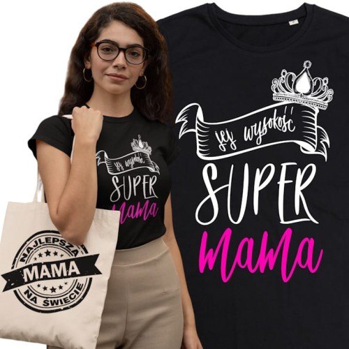 KOSZULKA DAMSKA PREZENT NA DZIEŃ MAMY JEJ WYSOKOŚĆ SUPER MAMA TORBA GRATIS