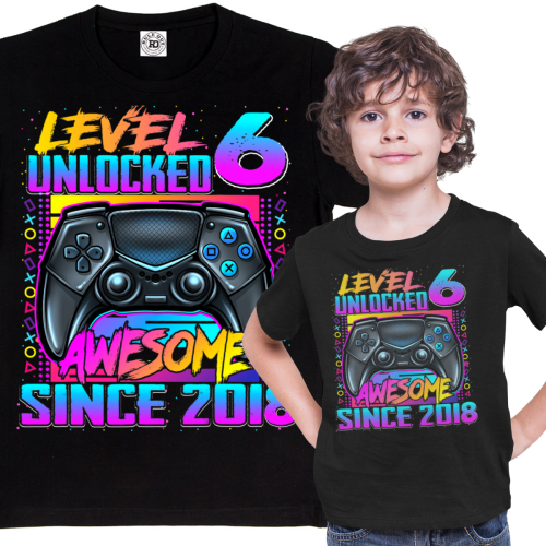 DZIECIĘCA KOSZULKA PREZENT NA 6 URODZINY LEVEL 6 UNLOCKED AWESOME SINCE 2018 UR487 1