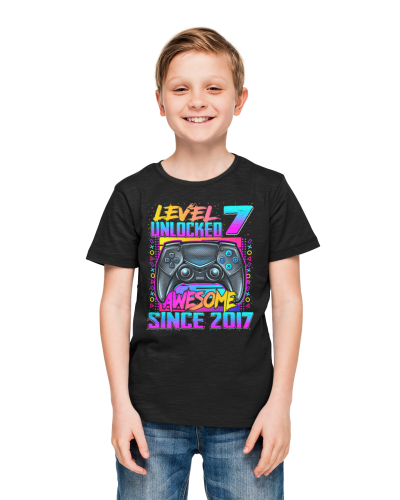 DZIECIĘCA KOSZULKA PREZENT NA 7 URODZINY LEVEL 7 UNLOCKED AWESOME SINCE 2017 UR488 4