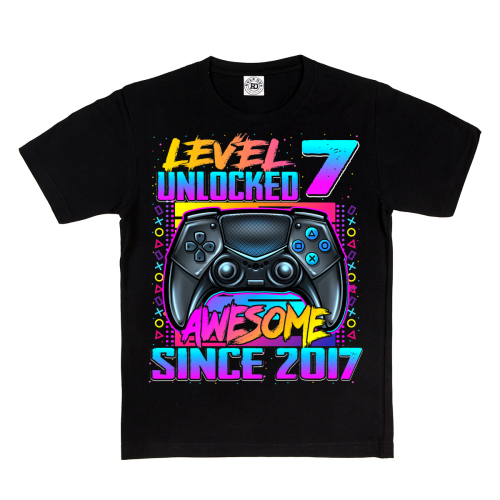 DZIECIĘCA KOSZULKA PREZENT NA 7 URODZINY LEVEL 7 UNLOCKED AWESOME SINCE 2017 UR488 2