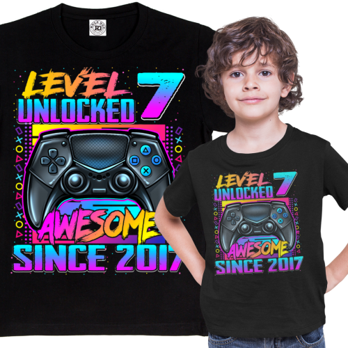 DZIECIĘCA KOSZULKA PREZENT NA 7 URODZINY LEVEL 7 UNLOCKED AWESOME SINCE 2017 UR488 1