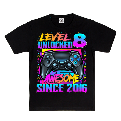 DZIECIĘCA KOSZULKA PREZENT NA 8 URODZINY LEVEL 8 UNLOCKED AWESOME SINCE 2016 UR489 2
