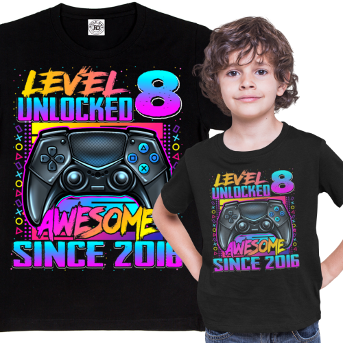 DZIECIĘCA KOSZULKA PREZENT NA 8 URODZINY LEVEL 8 UNLOCKED AWESOME SINCE 2016 UR489 1