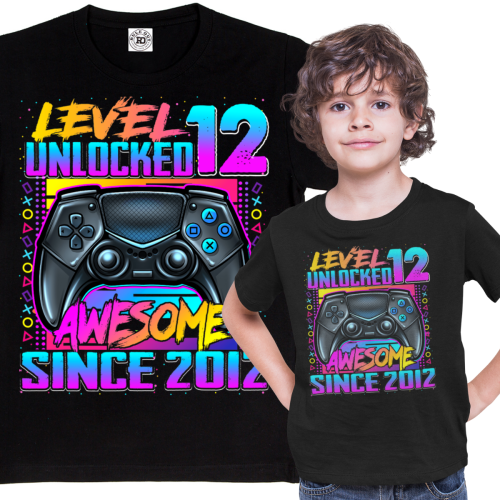 DZIECIĘCA KOSZULKA PREZENT NA 12 URODZINY LEVEL 12 UNLOCKED AWESOME SINCE 2012 UR493 1
