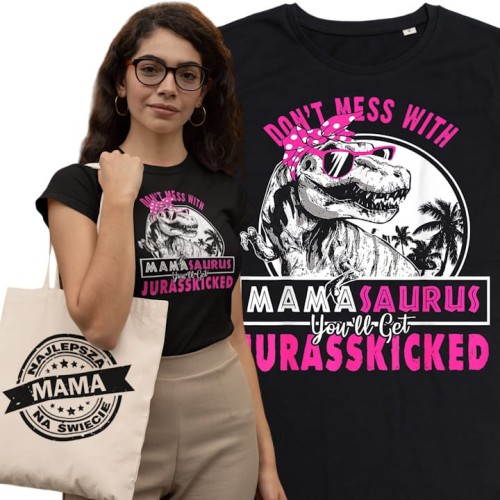 KOSZULKA DAMSKA PREZENT NA DZIEŃ MAMY MAMASAURUS TORBA GRATIS 1