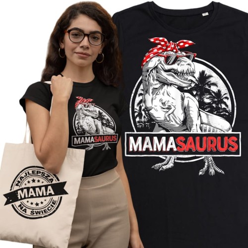 KOSZULKA DAMSKA PREZENT NA DZIEŃ MAMY MAMASAURUS TORBA GRATIS 1
