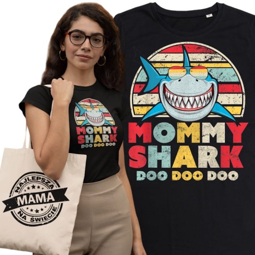 KOSZULKA DAMSKA PREZENT NA DZIEŃ MAMY MOMMY SHARK TORBA GRATIS 1