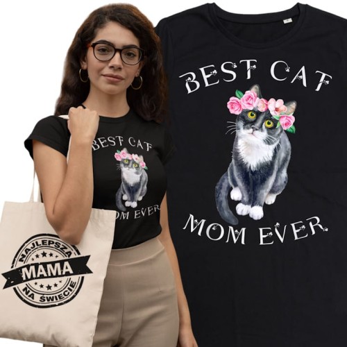 KOSZULKA DAMSKA PREZENT NA DZIEŃ MAMY BEST CAT MOM EVER TORBA GRATIS 1