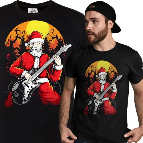 MĘSKA KOSZULKA ŚWIĄTECZNA ŚWIĘTY MIKOŁAJ Z GITARĄ ROCK SANTA 