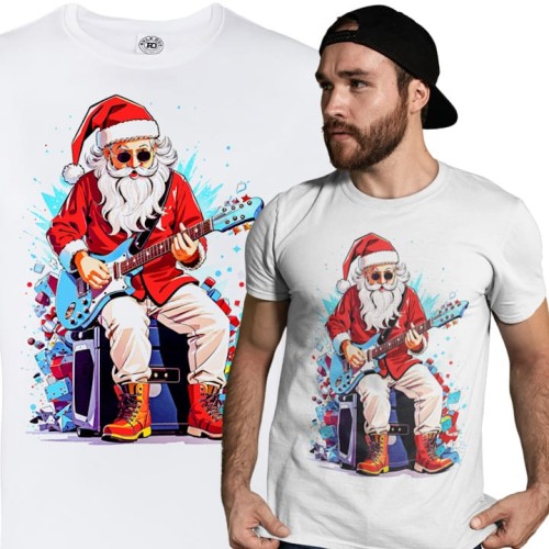 MĘSKA KOSZULKA ŚWIĄTECZNA ROCKOWY ŚWIĘTY MIKOŁAJ Z GITARĄ