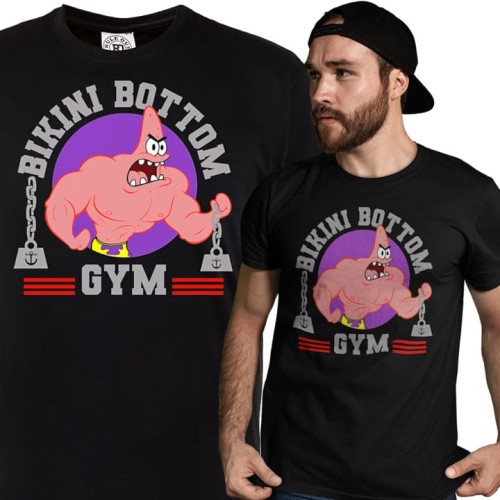 KOSZULKA MĘSKA NA SIŁOWNIĘ PODNOSZENIE CIĘŻARÓW SPONGEBOB ROZGWIAZDA PATRYK BIKINI BOTTOM GYM 1