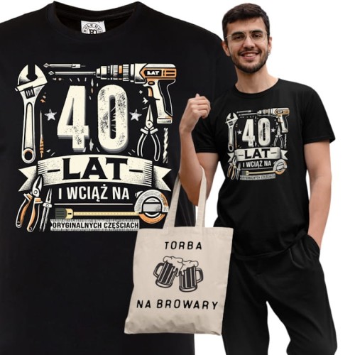 KOSZULKA PREZENT NA 40 URODZINY 40 LAT NA ORYGINALNYCH CZĘŚCIACH TORBA GRATIS 1