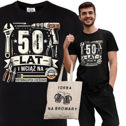 KOSZULKA PREZENT NA 50 URODZINY 50 LAT NA ORYGINALNYCH CZĘŚCIACH TORBA GRATIS