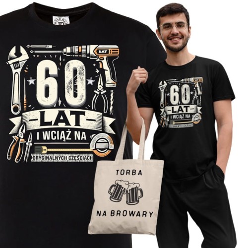 KOSZULKA PREZENT NA 60 URODZINY 60 LAT NA ORYGINALNYCH CZĘŚCIACH TORBA GRATIS 1