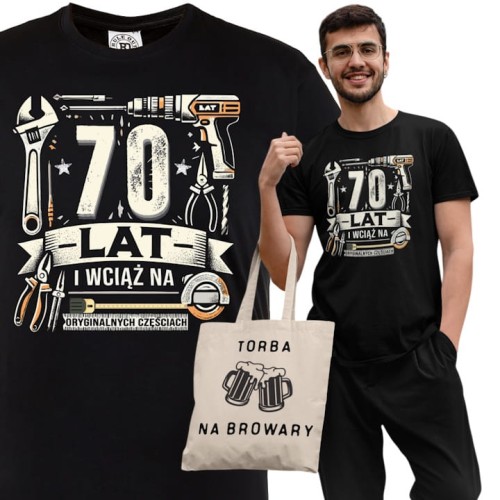 KOSZULKA PREZENT NA 70 URODZINY 70 LAT NA ORYGINALNYCH CZĘŚCIACH TORBA GRATIS