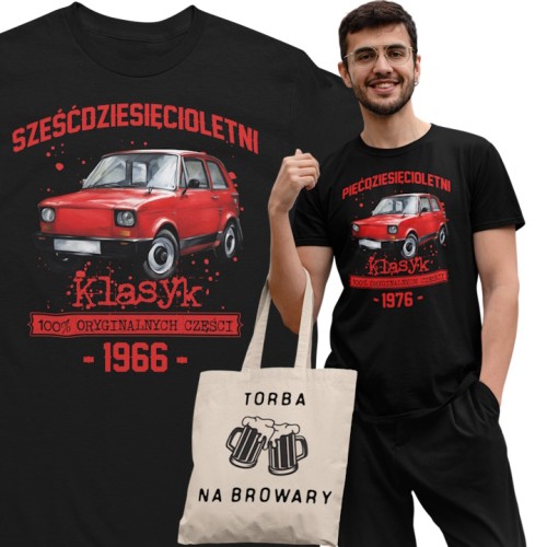 Koszulka prezent na 60 urodziny 1966 Klasyk PRL Fiat 126p torba gratis 1