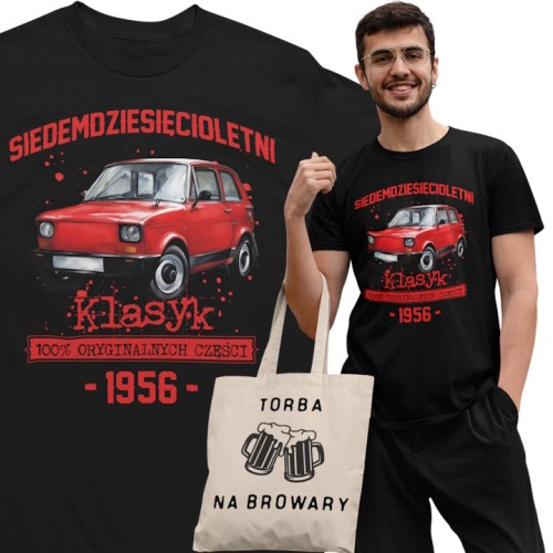 Koszulka prezent na 70 urodziny 1956 Klasyk PRL Fiat 126p torba gratis  1