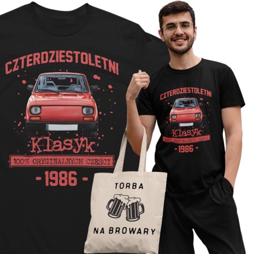 Koszulka prezent na 40 urodziny 1986 Klasyk PRL Fiat 126p torba gratis 