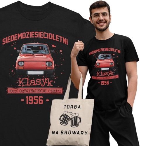 Koszulka prezent na 70 urodziny 1956 Klasyk PRL Fiat 126p torba gratis 1