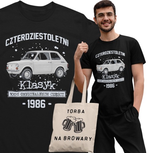 Koszulka prezent na 40 urodziny 1986 Klasyk PRL Fiat 126p torba gratis 
