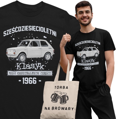 Koszulka prezent na 60 urodziny 1966 Klasyk PRL Fiat 126p torba gratis  1