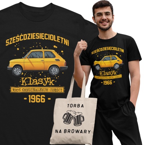 Koszulka prezent na 60 urodziny 1966 Klasyk PRL Fiat 126p torba gratis   1