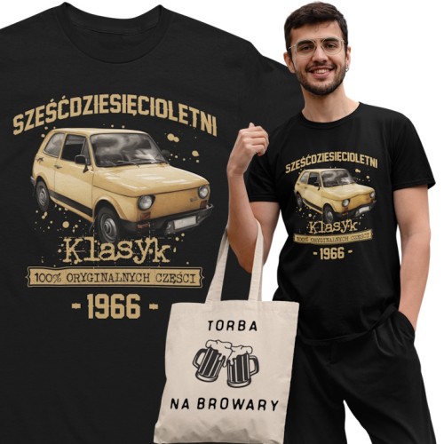 Koszulka prezent na 60 urodziny 1966 Klasyk PRL Fiat 126p torba gratis   
