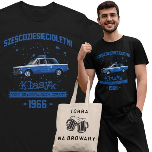 Koszulka prezent na 60 urodziny 1966 Klasyk PRL Fiat 125p torba gratis   