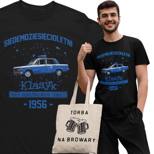 Koszulka prezent na 70 urodziny 1956 Klasyk PRL Fiat 125p torba gratis    1