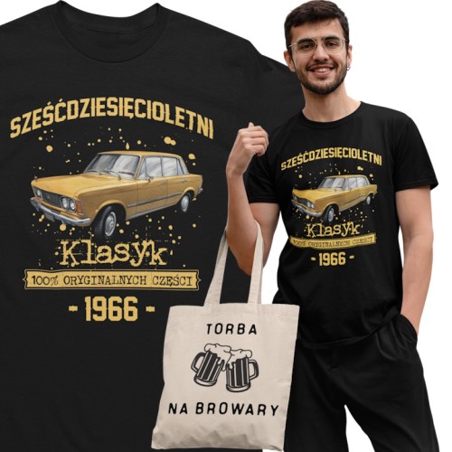 Koszulka prezent na 60 urodziny 1966 Klasyk PRL Fiat 125p torba gratis   