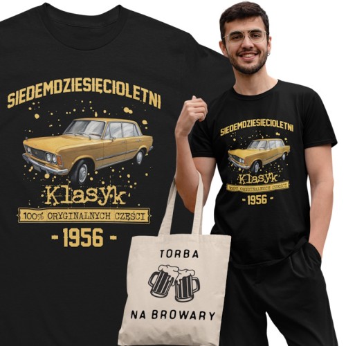 Koszulka prezent na 70 urodziny 1956 Klasyk PRL Fiat 125p torba gratis   1